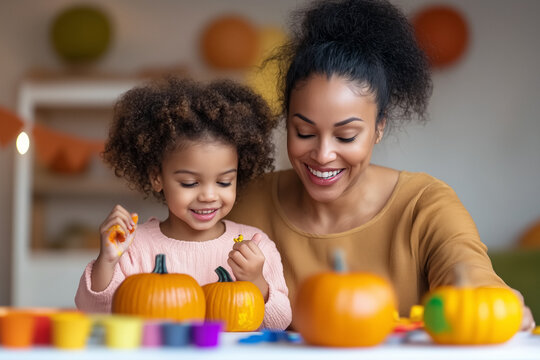 A mother and daughter smile as they craft pumpkins together at a table, surrounded by autumn decor. Their joyful expressions and bright colors create a cozy, memorable scene.