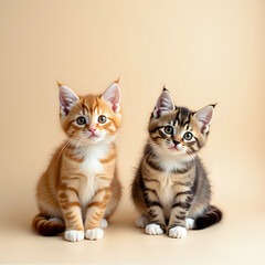 Obraz premium Two adorable kittens with curious expressions sitting side by side against neutral background
