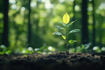 Young tree sapling planted in forest soil