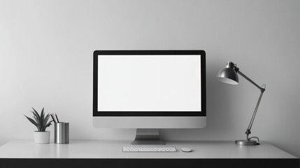 Minimalist white desk with computer, lamp, and plant.