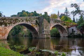 intersting medieval bridge of the village of Allariz over Arnoia River. Ourense, Galicia. Spain.