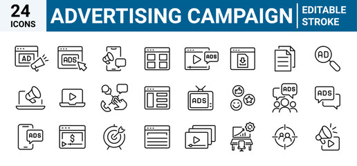 Advertising Campaign . Marketing and Seo line web icons Digital marketing. Containing seo, content, website, social media. Editable stroke.