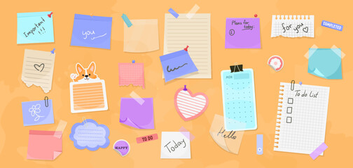 A collection of colorful sticky notes and a calendar on a vibrant orange background. Vector illustration