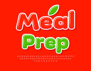 Vector creative template Meal Prep. Glossy Red Font. Modern Alphabet Letters and Numbers set.