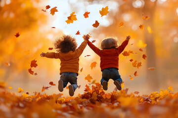 Two children leap into a vibrant pile of autumn leaves, their faces filled with pure joy and excitement with golden fall backdrop good bye autumn,hello winter, happiness of this playful outdoor moment