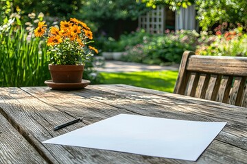 Fototapeta premium Blank Paper on a Wooden Table with a Pencil in a Garden Setting