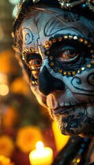 Obraz premium Intricate Día de los Muertos Skull Makeup on Elderly Woman with Candlelit Altar