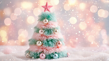 Obraz premium Pastel pink and green christmas tree with shimmering ornaments amid bokeh lights