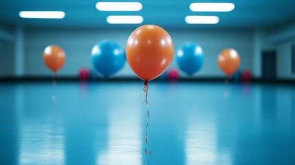 Dance floor lights glowing in a dimly lit gym with balloons and streamers, homecoming dance celebration theme 