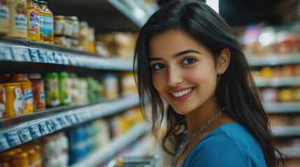 A smiling woman shopping in a grocery aisle filled with various food products.