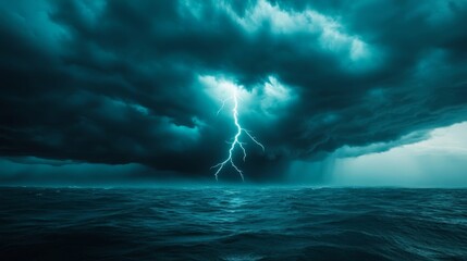 Dark storm clouds swirling with lightning striking the ocean, symbolizing the power of a tropical cyclone 