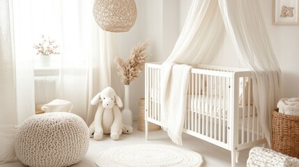 A baby cot with a soft blanket, surrounded by neutral decor in a bright white nursery room.
