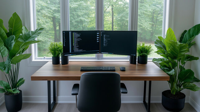 Dual-monitor desk setup with productivity apps open, organized remote work setting for efficiency 
