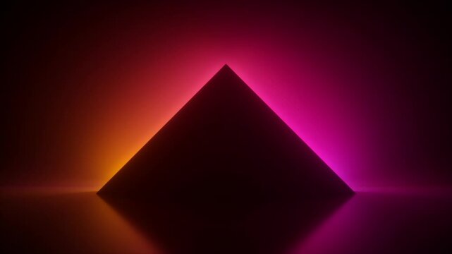looping 3D animation with neon lights shifting colors, illuminating a black geometric triangular silhouette from behind. Animated background with relaxing and soothing ambiance
