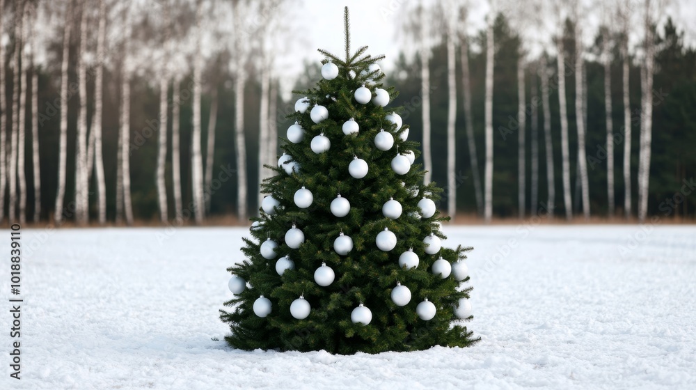 Sticker Elegant Christmas tree decked in white and silver ornaments, surrounded by snow, classic White Christmas theme 