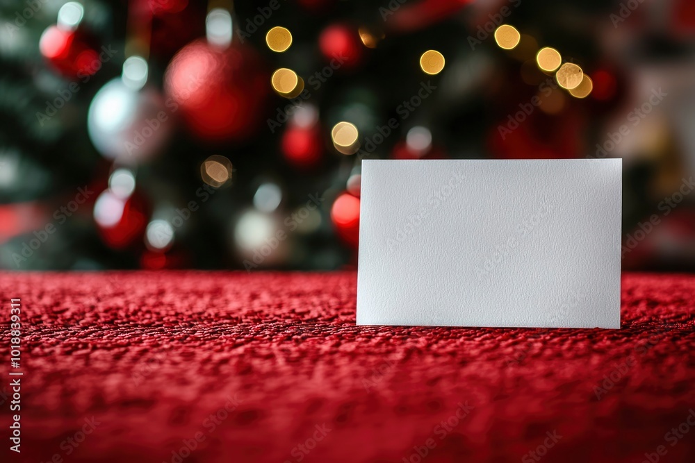 Wall mural blank card on red fabric with blurred christmas tree in background