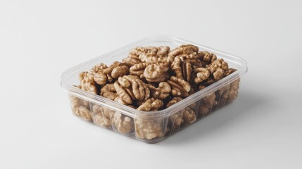 Obraz premium A branded plastic container filled with walnut halves, isolated on a white background, focusing on the packaging's simplicity and clarity.