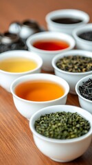 Elegant tea degustation table set with small cups of various tea types, from white to black, ready for tasting, serene atmosphere 