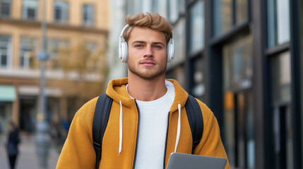 Employee carrying a laptop and headphones, leaving the office for a remote workday, hybrid work lifestyle theme 