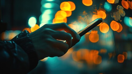 A hand holding a smartphone amidst a blurred cityscape with warm bokeh lights.