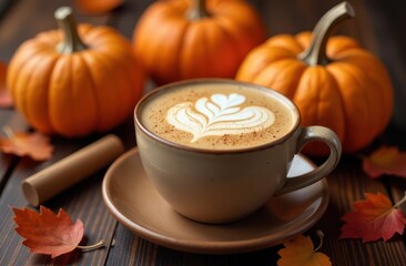 Autumn still life image with a cup of cappuccino, pumpkins, and various spices on a rustic wooden background.