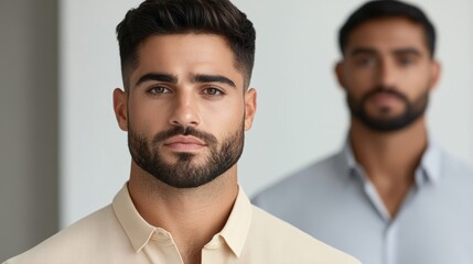 Employee standing confidently in front of a bullying colleague, maintaining calm body language, setting boundaries theme 