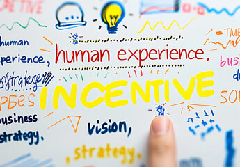 Colorful doodles around the word "Incentive," highlighting business strategy, vision, and human experience in a creative way.
