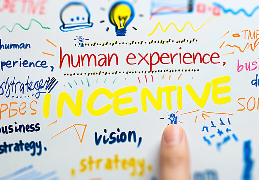 Colorful doodles around the word "Incentive," highlighting business strategy, vision, and human experience in a creative way.
