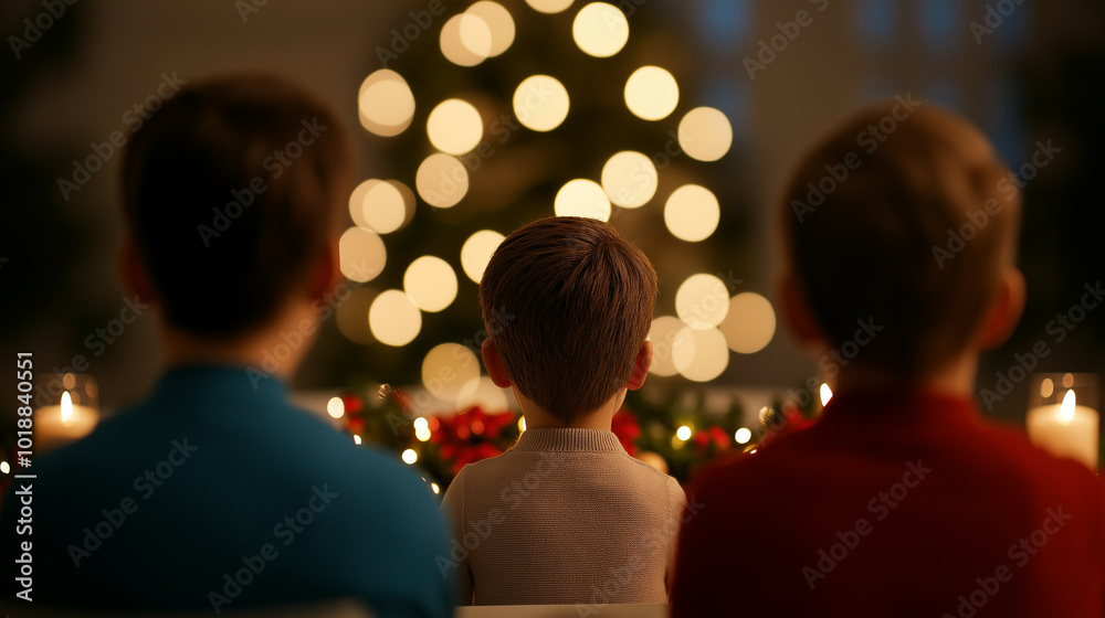 Poster Family gathered around a Christmas dinner table, ready to enjoy a festive meal with twinkling lights and holiday cheer 