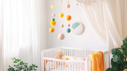 A colorful baby mobile hanging above a crib, set in a white baby room with soft decor.