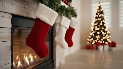 Family room with a beautifully decorated fireplace, Christmas stockings, and twinkling lights, perfect for cozy holiday gatherings 