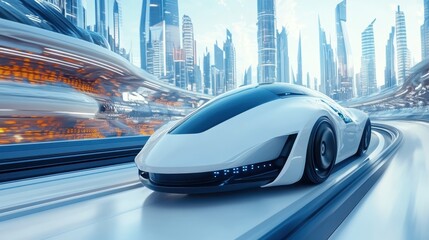 A futuristic car is driving down a road in a city