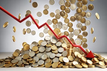 Coins under red arrow financial crisis and business recession symbolism