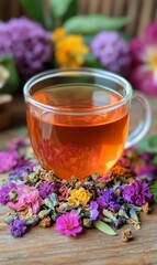 Fototapeta premium Floral tea blend in a clear cup with dried flowers surrounding it, emphasizing the natural beauty of herbal tea infusions 