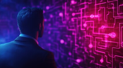 A man is looking at a computer screen with a lot of lines and numbers