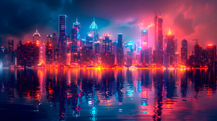 Fototapeta premium Vibrant futuristic cityscape at dusk with neon reflections on water