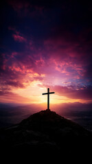 Naklejka premium Silhouette of a Cross Against a Dramatic Sunset