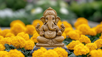 Ganesha idol adorned with marigold flowers, symbol of wisdom and prosperity, Hindu festival theme 