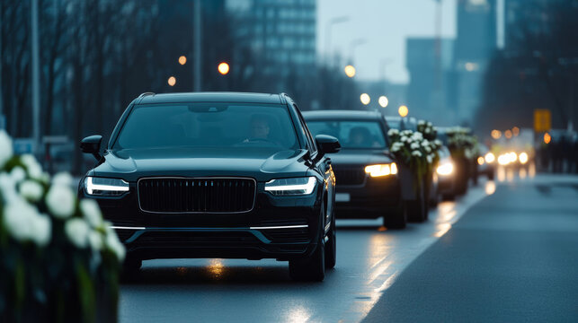 Funeral hearse driving through city streets lined with mourners and flowers, famous person’s last journey, public memorial theme 