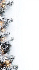 Frosty White Christmas Tree with Ornaments on Snowy Background with Copy Space