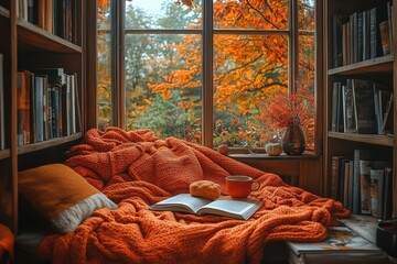 Cozy autumn day being spent relaxing at home with book
