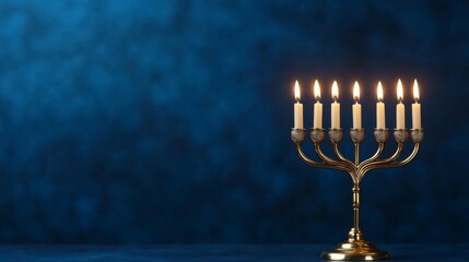 Fototapeta premium Golden menorah glowing against a deep blue background with candles lit, Hanukkah celebration theme 
