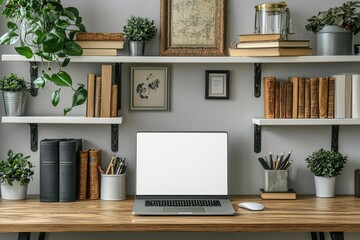 Fototapeta premium Laptop, Books, and Plants on a Wooden Desk with White Shelves