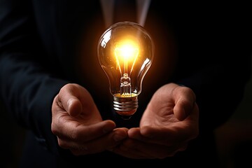 Illuminated lightbulb in businessman hands. AI technology concept