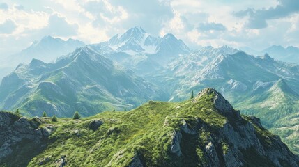 A panoramic view of a mountain range with snow-capped peaks in the distance. The mountains are covered in lush green vegetation and the sky is clear and blue.