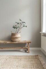 Wooden Bench with Plant in a Basket.