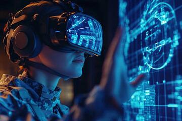 Naklejka premium Warfare analytic operator checking coordination of the military troops on a digital device with virtual reality glasses