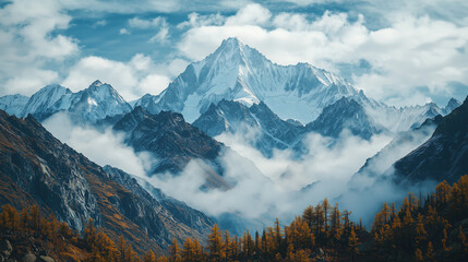 Fototapeta premium Majestic mountain landscape with snow-covered peaks and autumn forest