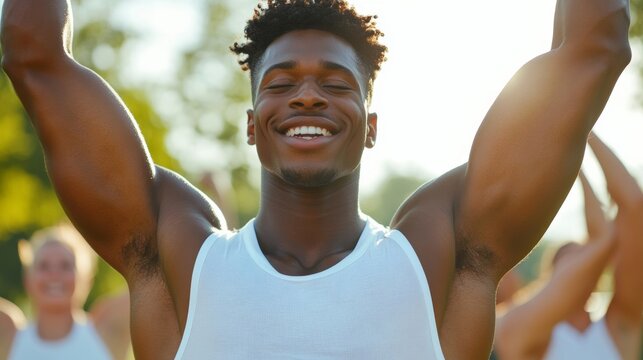 Health coach leading an outdoor group workout, clients stretching under the sun, wellness motivation theme 