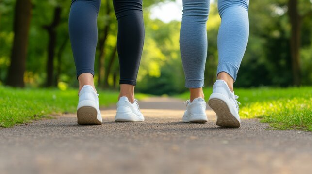 Health coach walking alongside a client in a park, offering motivational advice during a wellness session, outdoor fitness theme 